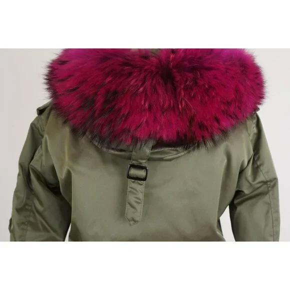 SAM Women's Large Fur Trim Down Bomber Jacket Green SZ XS $595